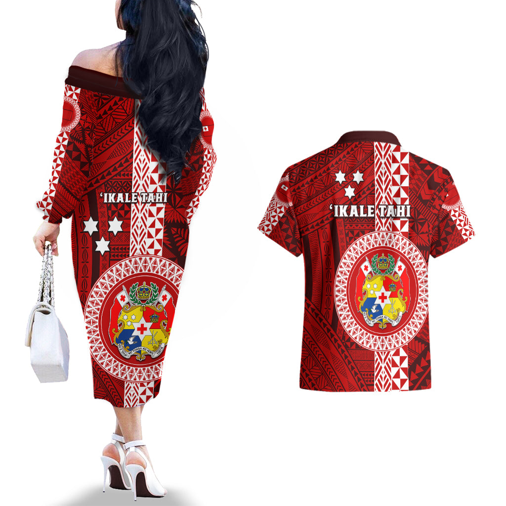 Tonga Rugby Couples Matching Off The Shoulder Long Sleeve Dress and Hawaiian Shirt World Cup 2023 Coat Of Arms Ngatu Pattern LT05 - Polynesian Pride