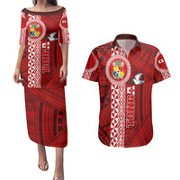 Tonga Rugby Couples Matching Puletasi Dress and Hawaiian Shirt World Cup 2023 Coat Of Arms Ngatu Pattern LT05 Red - Polynesian Pride
