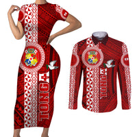 Tonga Rugby Couples Matching Short Sleeve Bodycon Dress and Long Sleeve Button Shirts World Cup 2023 Coat Of Arms Ngatu Pattern LT05 Red - Polynesian Pride