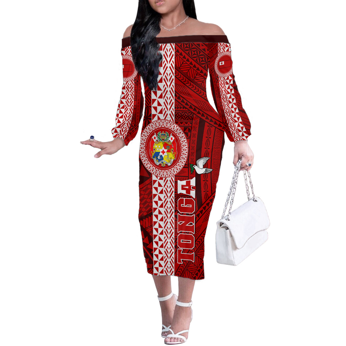 Tonga Rugby Family Matching Off Shoulder Long Sleeve Dress and Hawaiian Shirt World Cup 2023 Coat Of Arms Ngatu Pattern LT05 Mom's Dress Red - Polynesian Pride