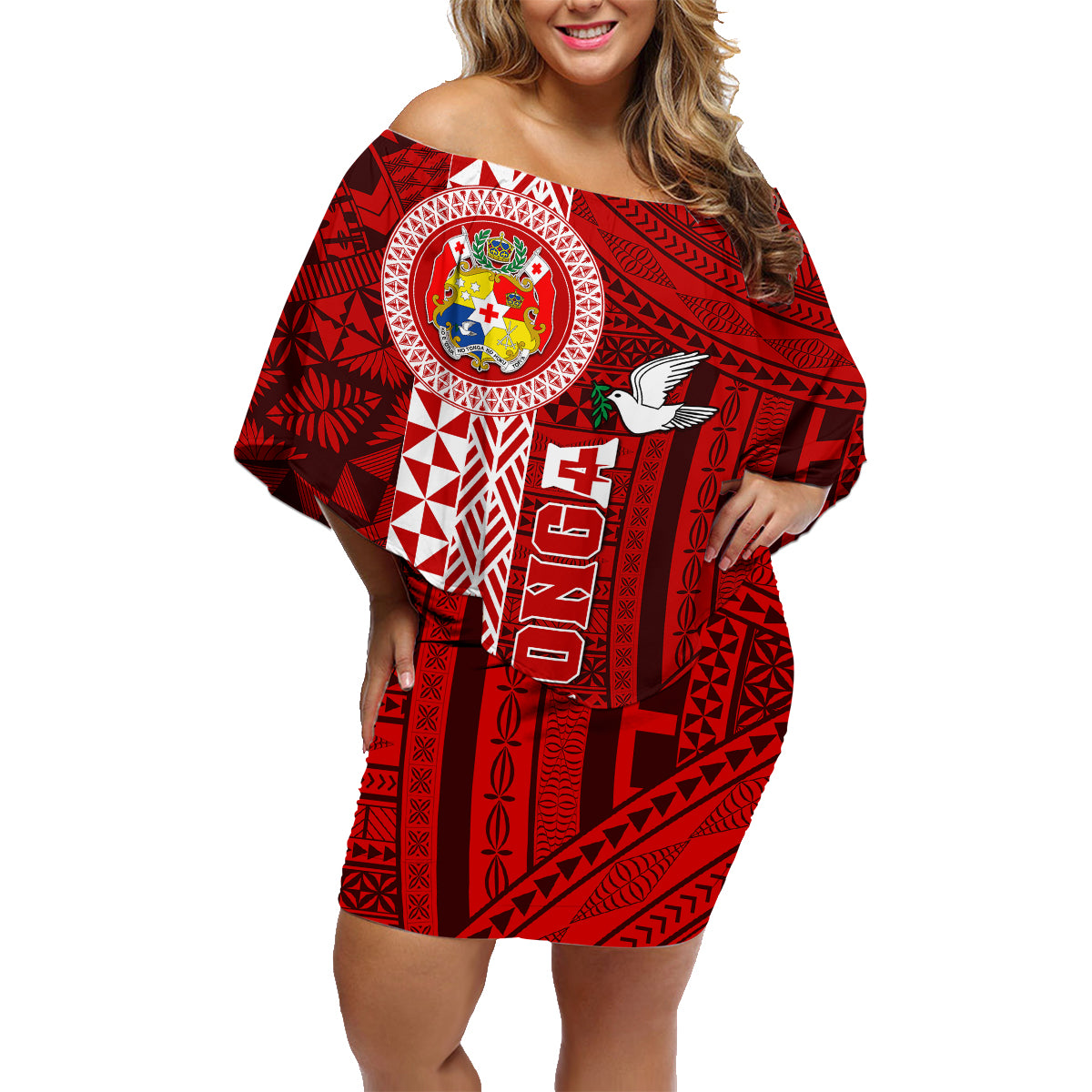 Tonga Rugby Family Matching Off Shoulder Short Dress and Hawaiian Shirt World Cup 2023 Coat Of Arms Ngatu Pattern LT05 Mom's Dress Red - Polynesian Pride