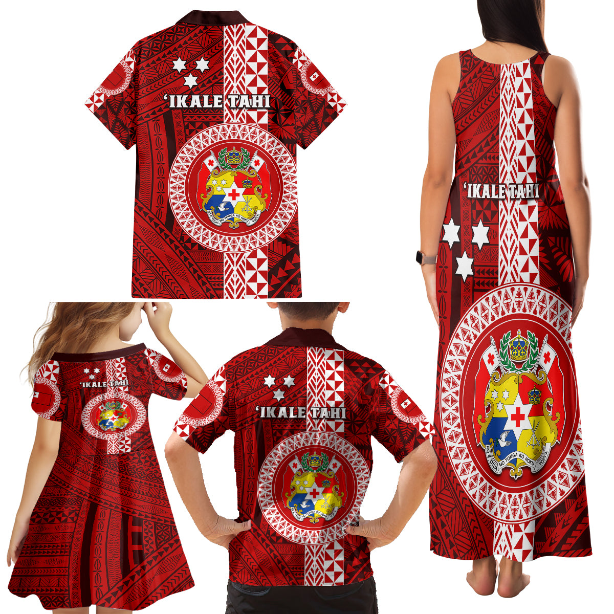 Tonga Rugby Family Matching Tank Maxi Dress and Hawaiian Shirt World Cup 2023 Coat Of Arms Ngatu Pattern LT05 - Polynesian Pride