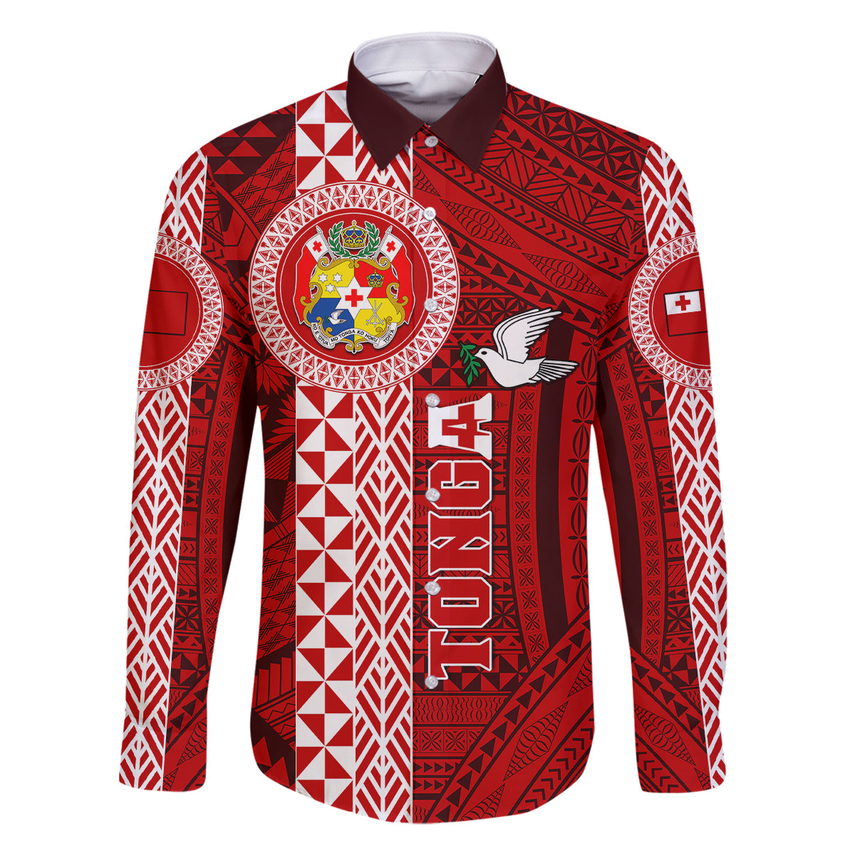 Tonga Rugby Family Matching Tank Maxi Dress and Hawaiian Shirt World Cup 2023 Coat Of Arms Ngatu Pattern LT05 Dad's Shirt - Long Sleeve Red - Polynesian Pride
