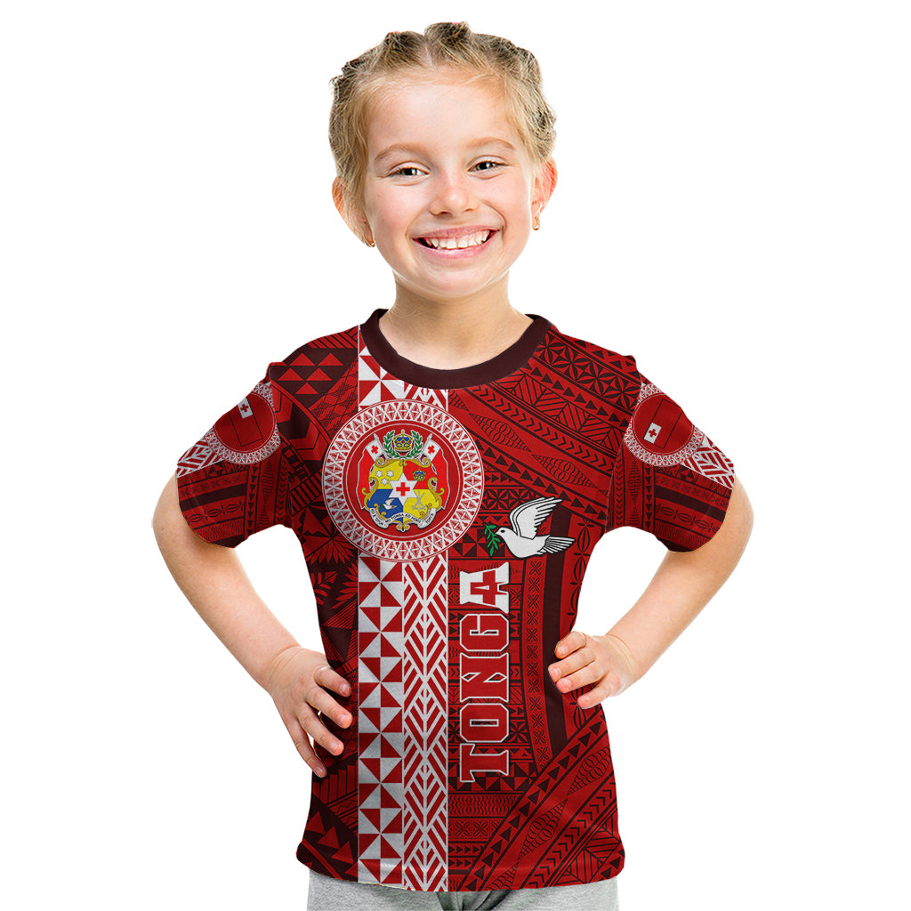 Tonga Rugby Kid T Shirt World Cup 2023 Coat Of Arms Ngatu Pattern LT05 Red - Polynesian Pride
