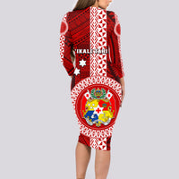 Tonga Rugby Long Sleeve Bodycon Dress World Cup 2023 Coat Of Arms Ngatu Pattern LT05 - Polynesian Pride
