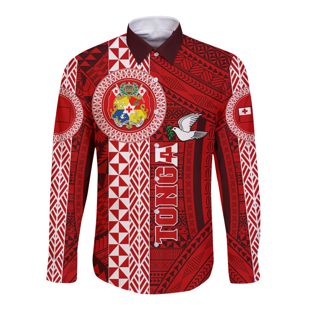 Tonga Rugby Long Sleeve Button Shirt World Cup 2023 Coat Of Arms Ngatu Pattern LT05 Unisex Red - Polynesian Pride