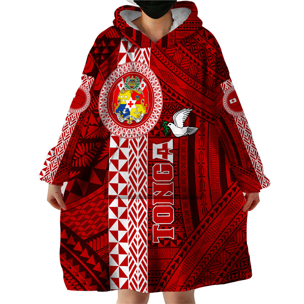 Tonga Rugby Wearable Blanket Hoodie World Cup 2023 Coat Of Arms Ngatu Pattern LT05 - Polynesian Pride
