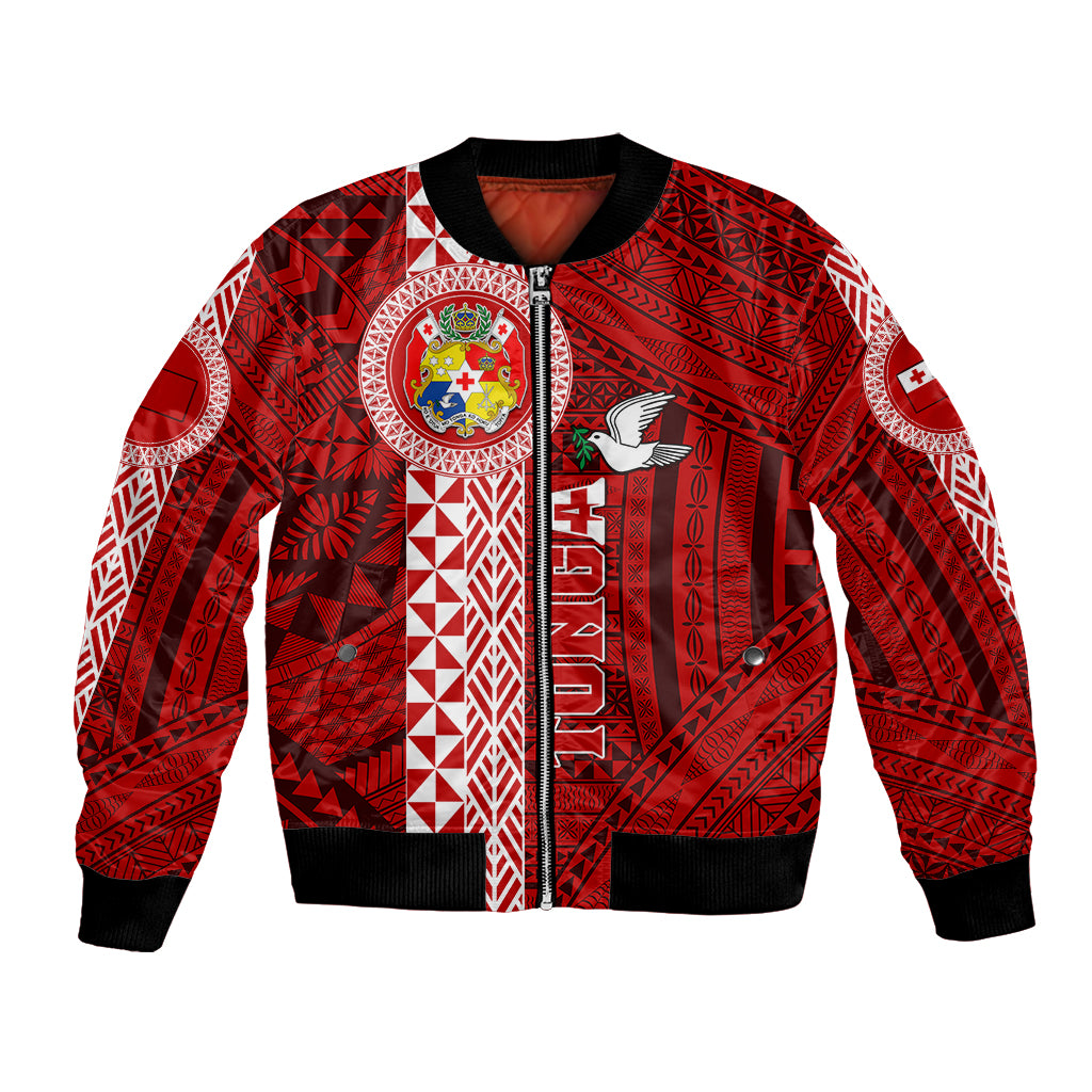 Custom Tonga Rugby Bomber Jacket World Cup 2023 Coat Of Arms Ngatu Pattern LT05 Unisex Red - Polynesian Pride