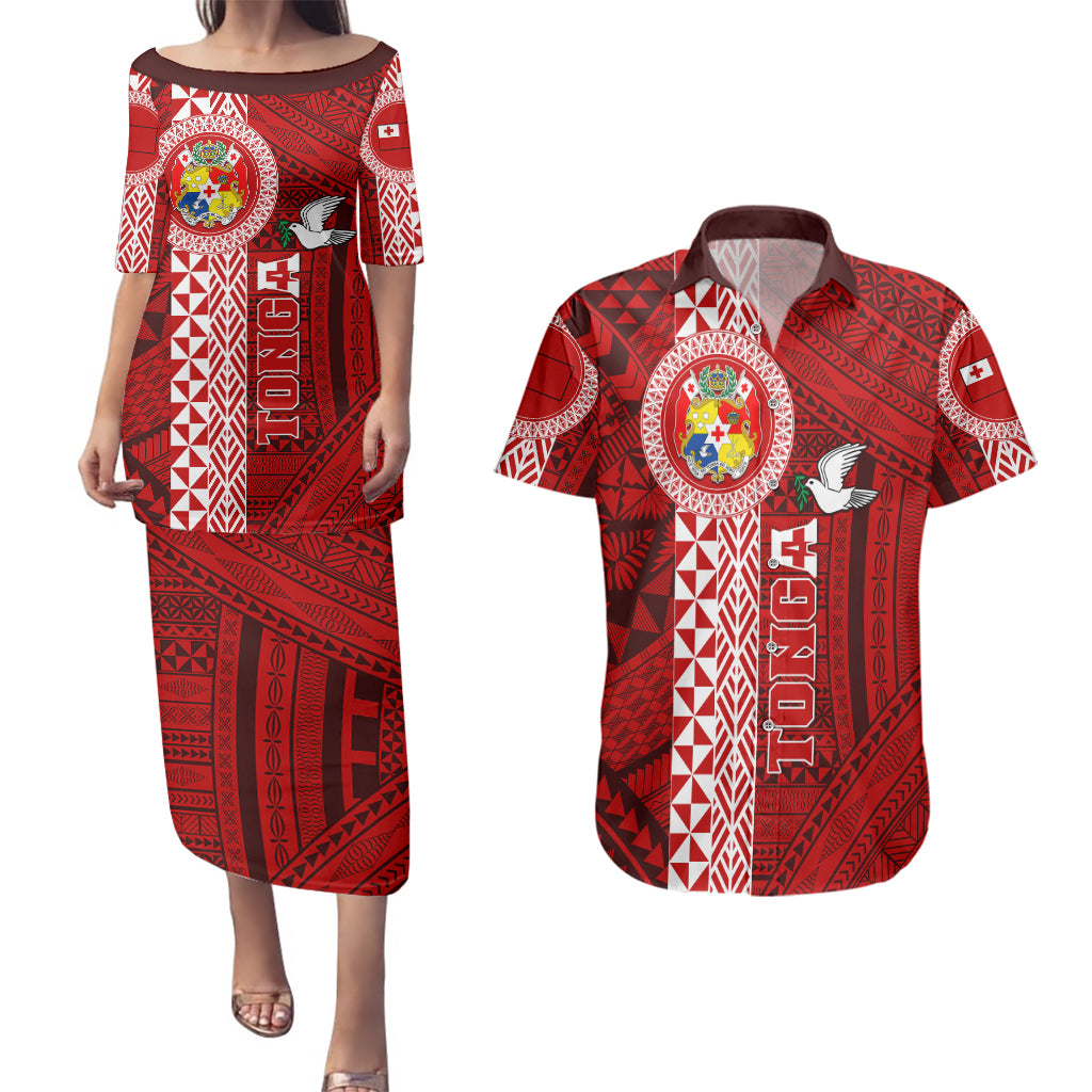 Custom Tonga Rugby Couples Matching Puletasi Dress and Hawaiian Shirt World Cup 2023 Coat Of Arms Ngatu Pattern LT05 Red - Polynesian Pride