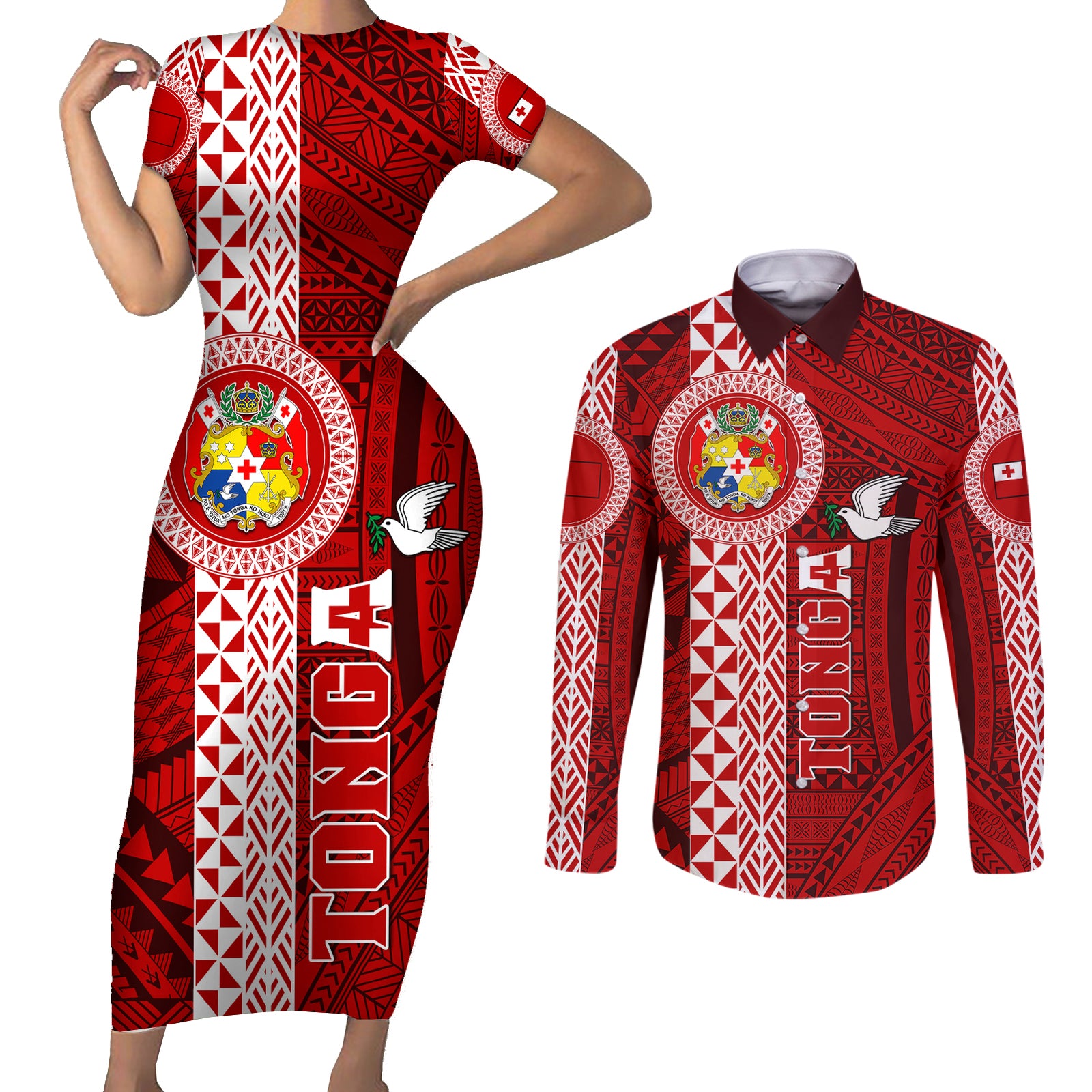 Custom Tonga Rugby Couples Matching Short Sleeve Bodycon Dress and Long Sleeve Button Shirts World Cup 2023 Coat Of Arms Ngatu Pattern LT05 Red - Polynesian Pride