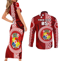 Custom Tonga Rugby Couples Matching Short Sleeve Bodycon Dress and Long Sleeve Button Shirts World Cup 2023 Coat Of Arms Ngatu Pattern LT05 - Polynesian Pride