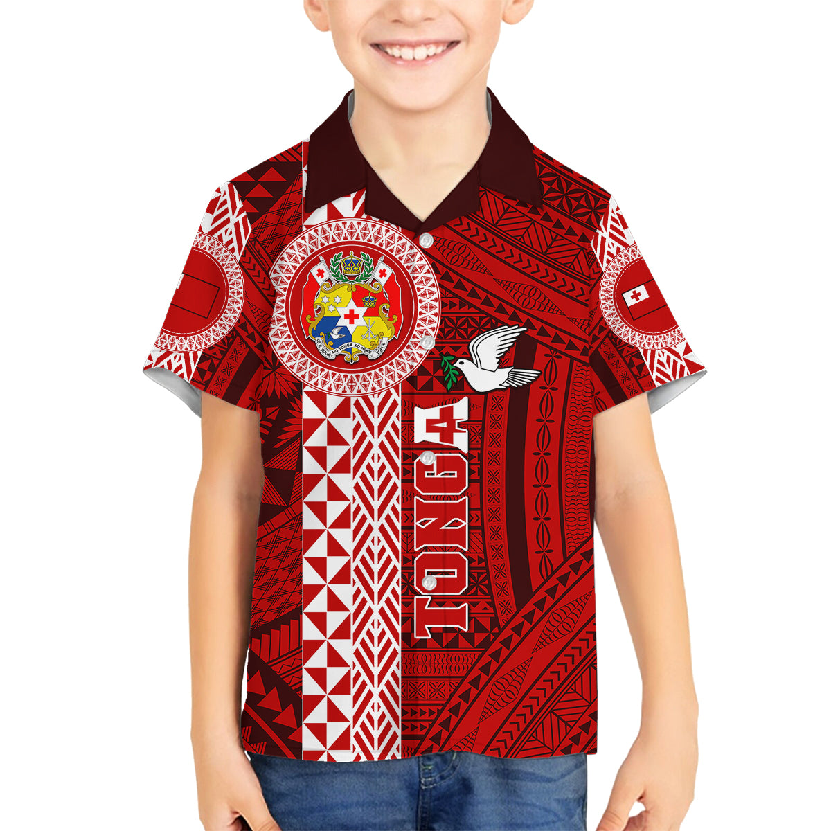 Custom Tonga Rugby Family Matching Off Shoulder Maxi Dress and Hawaiian Shirt World Cup 2023 Coat Of Arms Ngatu Pattern LT05 Son's Shirt Red - Polynesian Pride