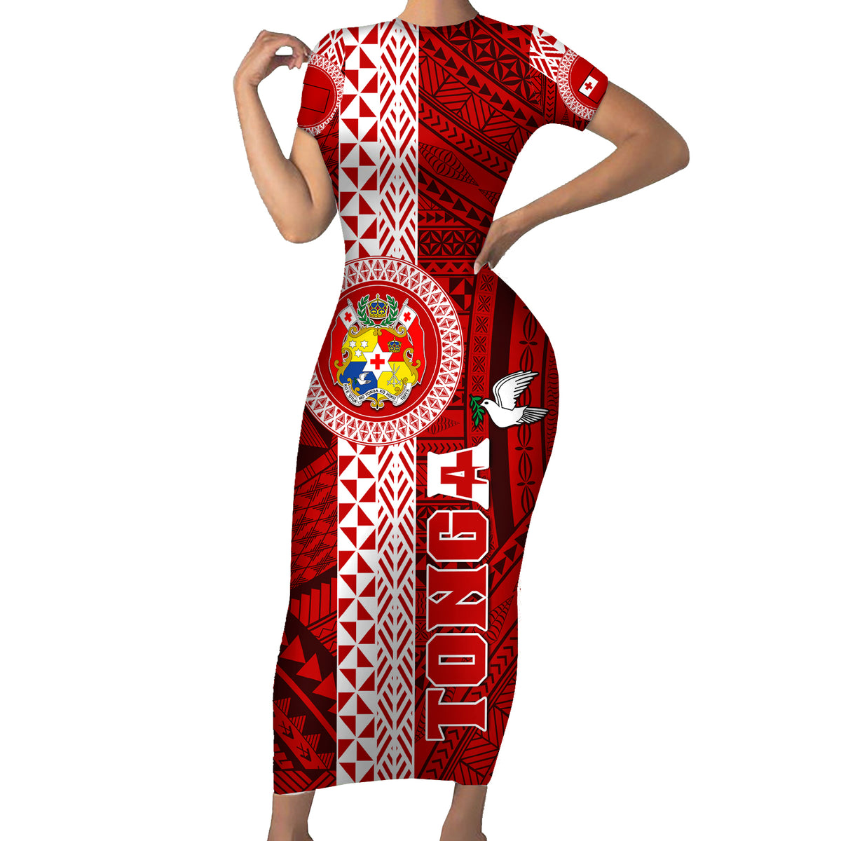 Custom Tonga Rugby Short Sleeve Bodycon Dress World Cup 2023 Coat Of Arms Ngatu Pattern LT05 Long Dress Red - Polynesian Pride