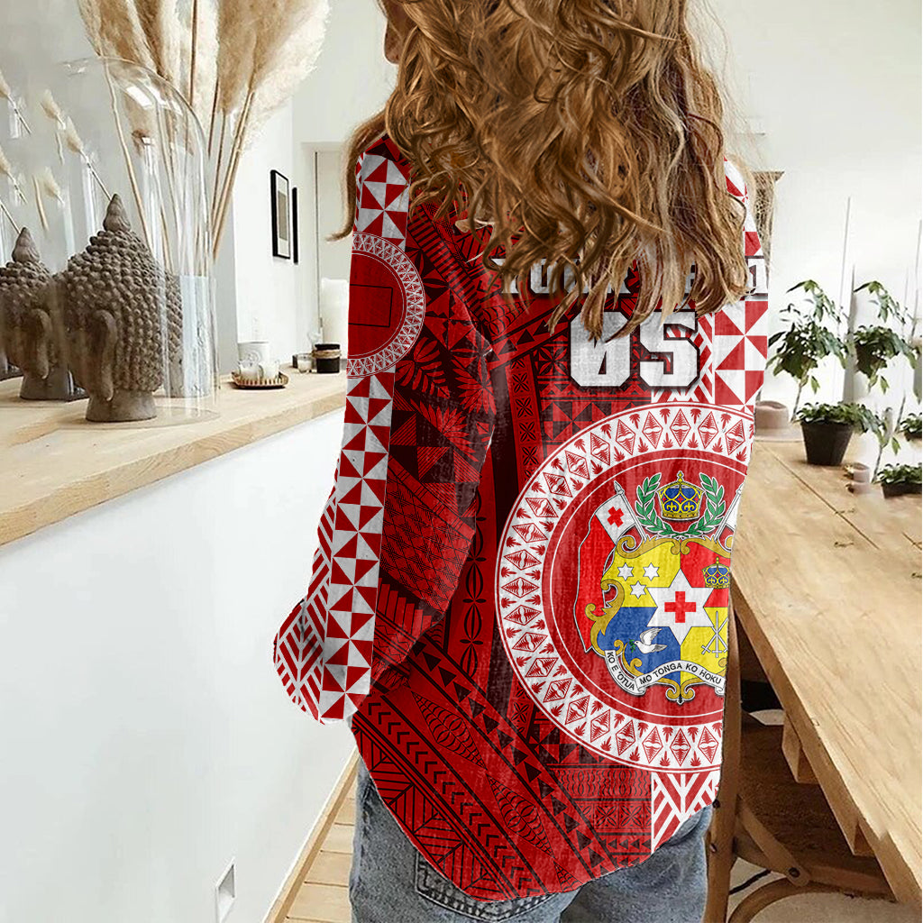Custom Tonga Rugby Women Casual Shirt World Cup 2023 Coat Of Arms Ngatu Pattern LT05 - Polynesian Pride