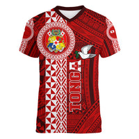 Custom Tonga Rugby Women V Neck T Shirt World Cup 2023 Coat Of Arms Ngatu Pattern LT05 Female Red - Polynesian Pride