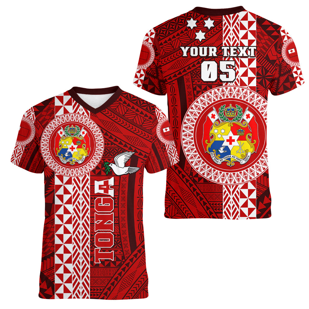 Custom Tonga Rugby Women V Neck T Shirt World Cup 2023 Coat Of Arms Ngatu Pattern LT05 - Polynesian Pride