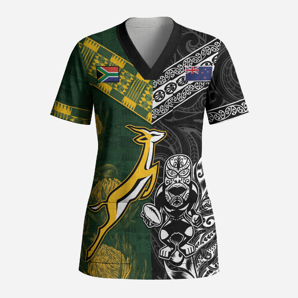 Rugby New Zealand South Africa Scrub Top Maori Tiki Springboks Together LT05 Adult Black - Polynesian Pride