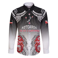 Personalised New Zealand Waitangi Day Family Matching Off Shoulder Long Sleeve Dress and Hawaiian Shirt Aotearoa Te Ra O Waitangi Manaia Maori Pattern LT05 Dad's Shirt - Long Sleeve Black - Polynesian Pride