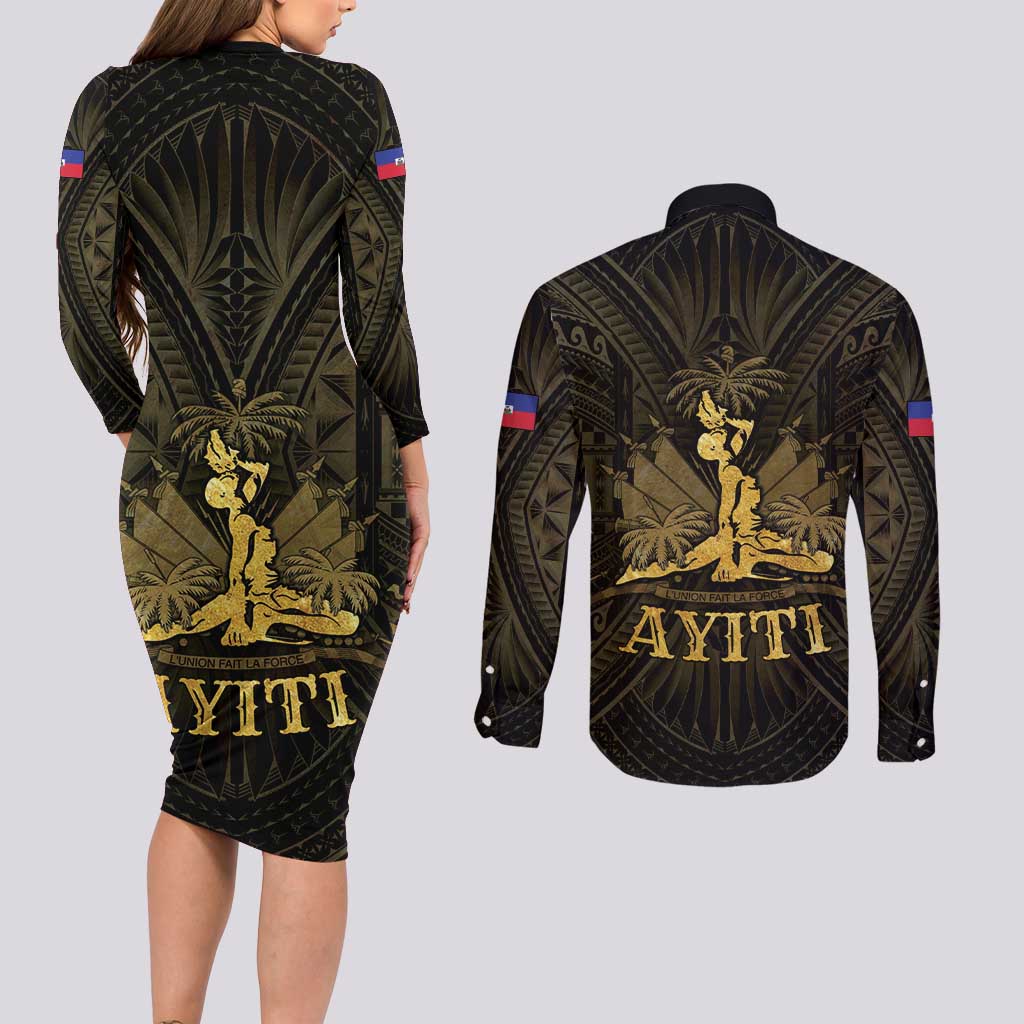 Haiti 1804 Couples Matching Long Sleeve Bodycon Dress and Long Sleeve Button Shirt Polynesian Gold Neg Maron