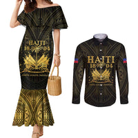 Haiti 1804 Couples Matching Mermaid Dress and Long Sleeve Button Shirt Polynesian Gold Neg Maron