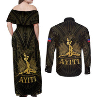 Haiti 1804 Couples Matching Off Shoulder Maxi Dress and Long Sleeve Button Shirt Polynesian Gold Neg Maron