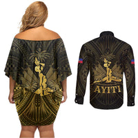 Haiti 1804 Couples Matching Off Shoulder Short Dress and Long Sleeve Button Shirt Polynesian Gold Neg Maron