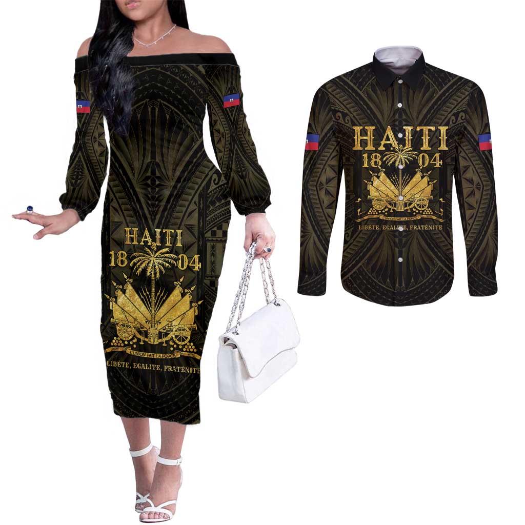 Haiti 1804 Couples Matching Off The Shoulder Long Sleeve Dress and Long Sleeve Button Shirt Polynesian Gold Neg Maron