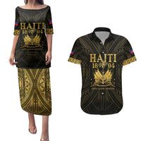 Haiti 1804 Couples Matching Puletasi and Hawaiian Shirt Polynesian Gold Neg Maron