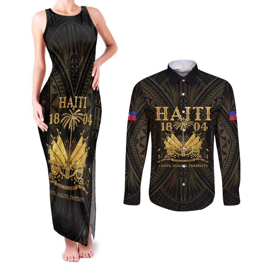 Haiti 1804 Couples Matching Tank Maxi Dress and Long Sleeve Button Shirt Polynesian Gold Neg Maron LT05 Gold - Polynesian Pride