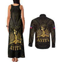 Haiti 1804 Couples Matching Tank Maxi Dress and Long Sleeve Button Shirt Polynesian Gold Neg Maron LT05 - Polynesian Pride