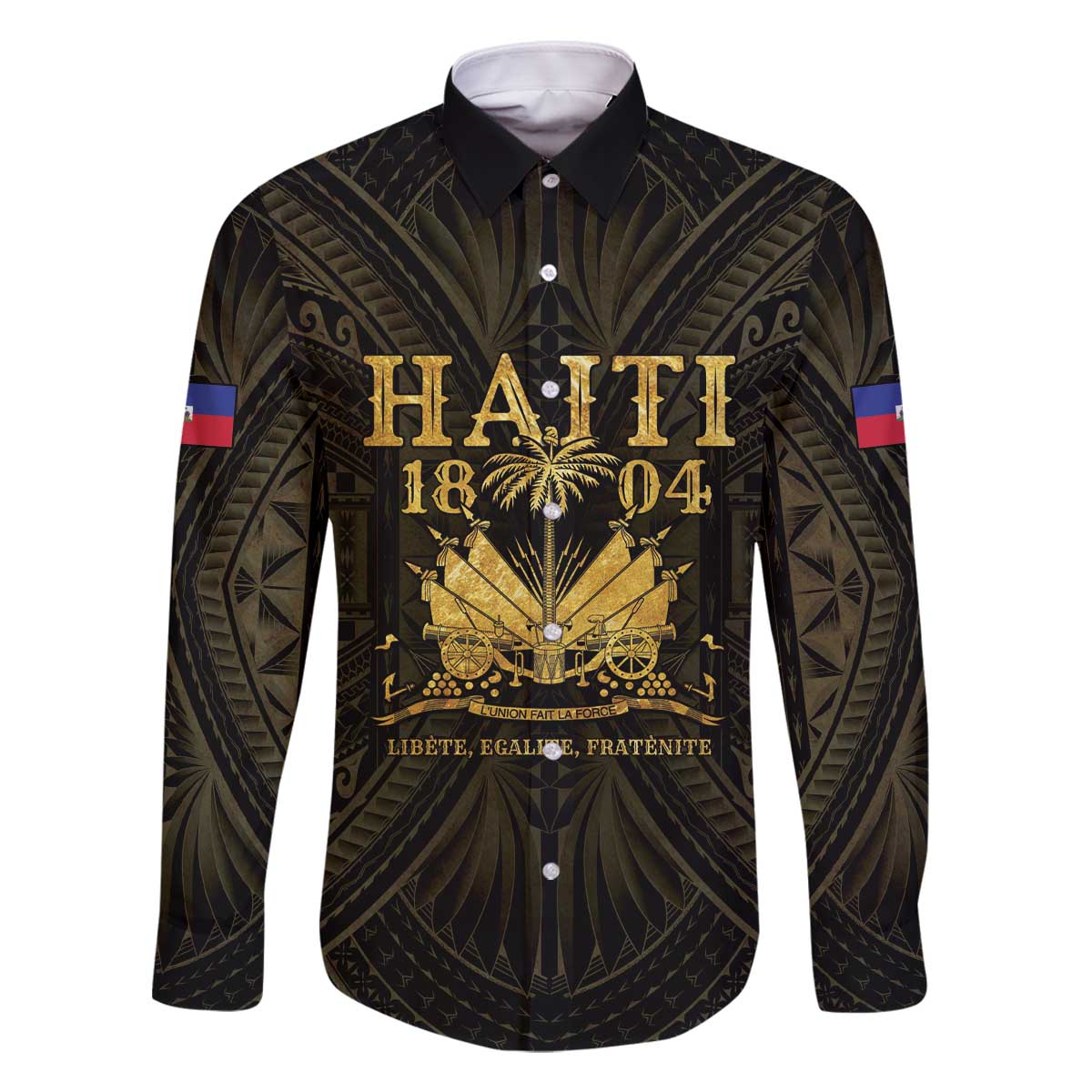 Haiti 1804 Family Matching Off The Shoulder Long Sleeve Dress and Hawaiian Shirt Polynesian Gold Neg Maron