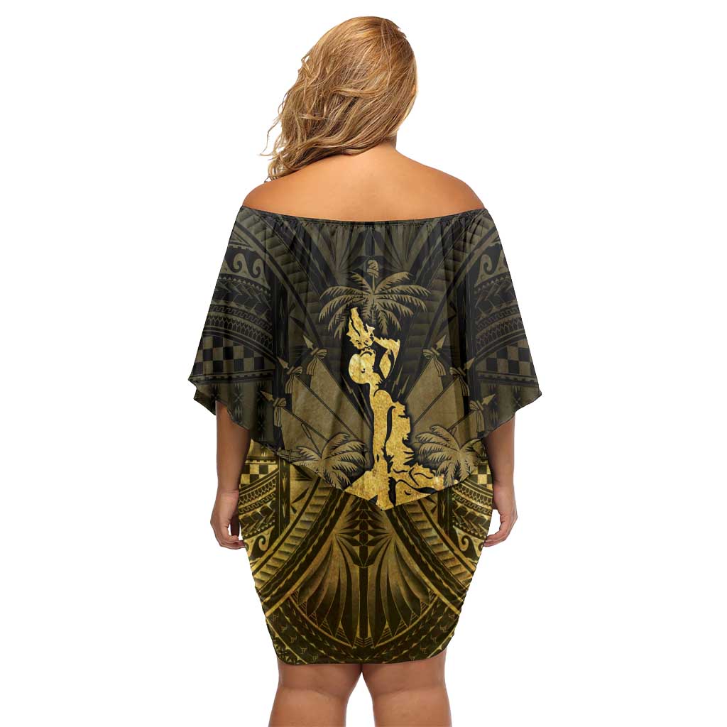 Haiti 1804 Family Matching Off Shoulder Short Dress and Hawaiian Shirt Polynesian Gold Neg Maron