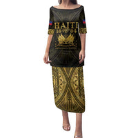 Haiti 1804 Family Matching Puletasi and Hawaiian Shirt Polynesian Gold Neg Maron