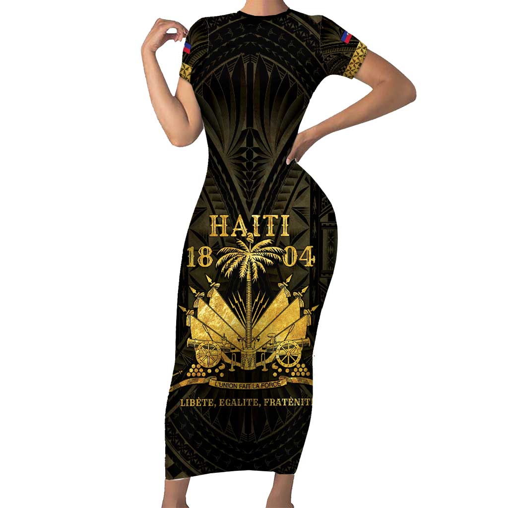 Haiti 1804 Short Sleeve Bodycon Dress Polynesian Gold Neg Maron LT05 Long Dress Gold - Polynesian Pride