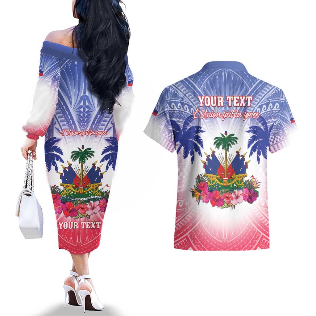 Personalised Haiti Independence Day Couples Matching Off The Shoulder Long Sleeve Dress and Hawaiian Shirt Neg Maron Polynesian Style LT05