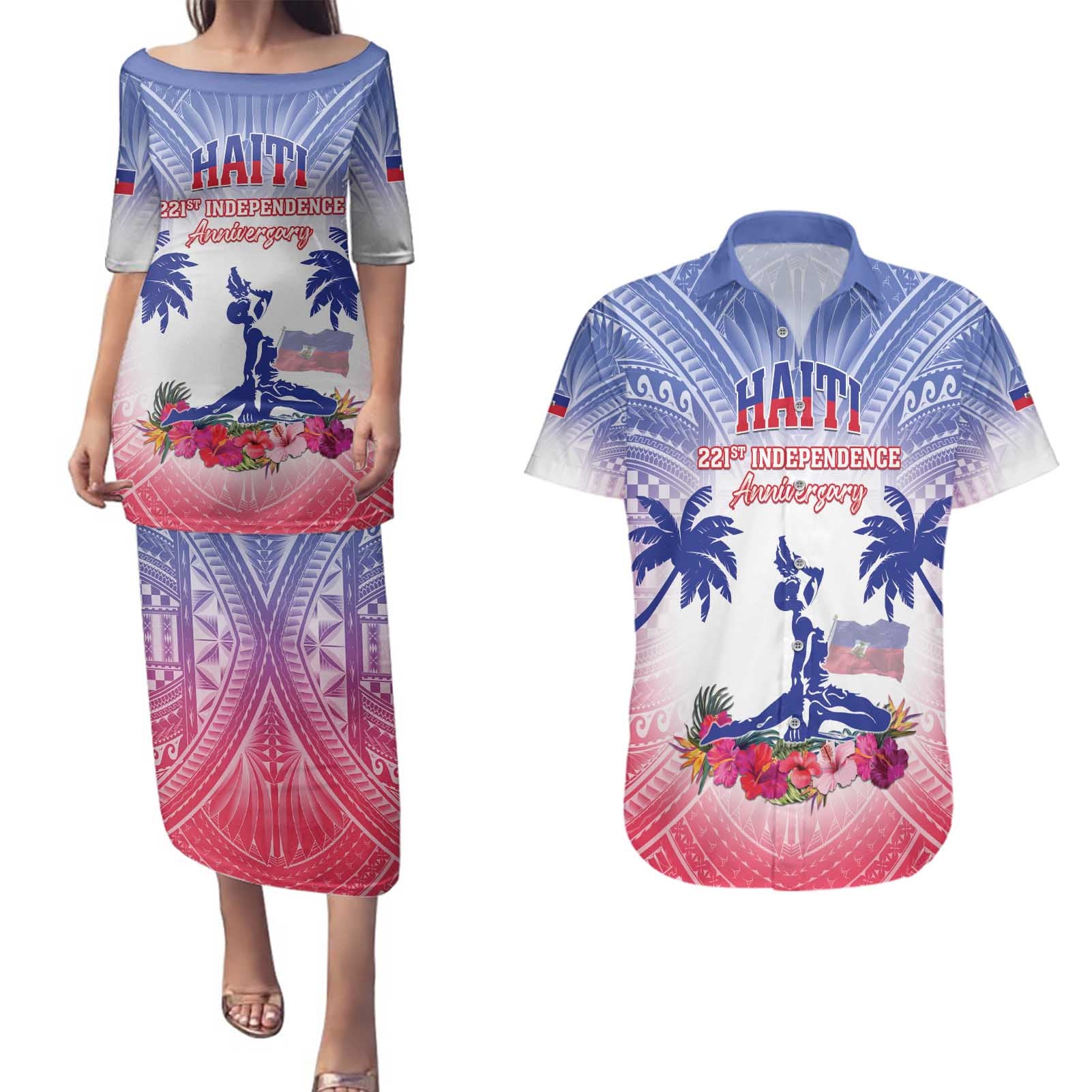 Personalised Haiti Independence Day Couples Matching Puletasi and Hawaiian Shirt Neg Maron Polynesian Style