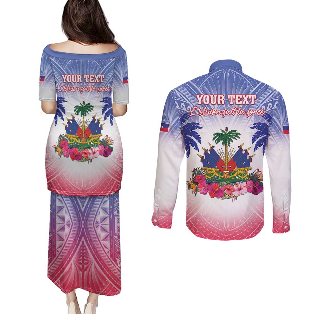 Personalised Haiti Independence Day Couples Matching Puletasi and Long Sleeve Button Shirt Neg Maron Polynesian Style LT05