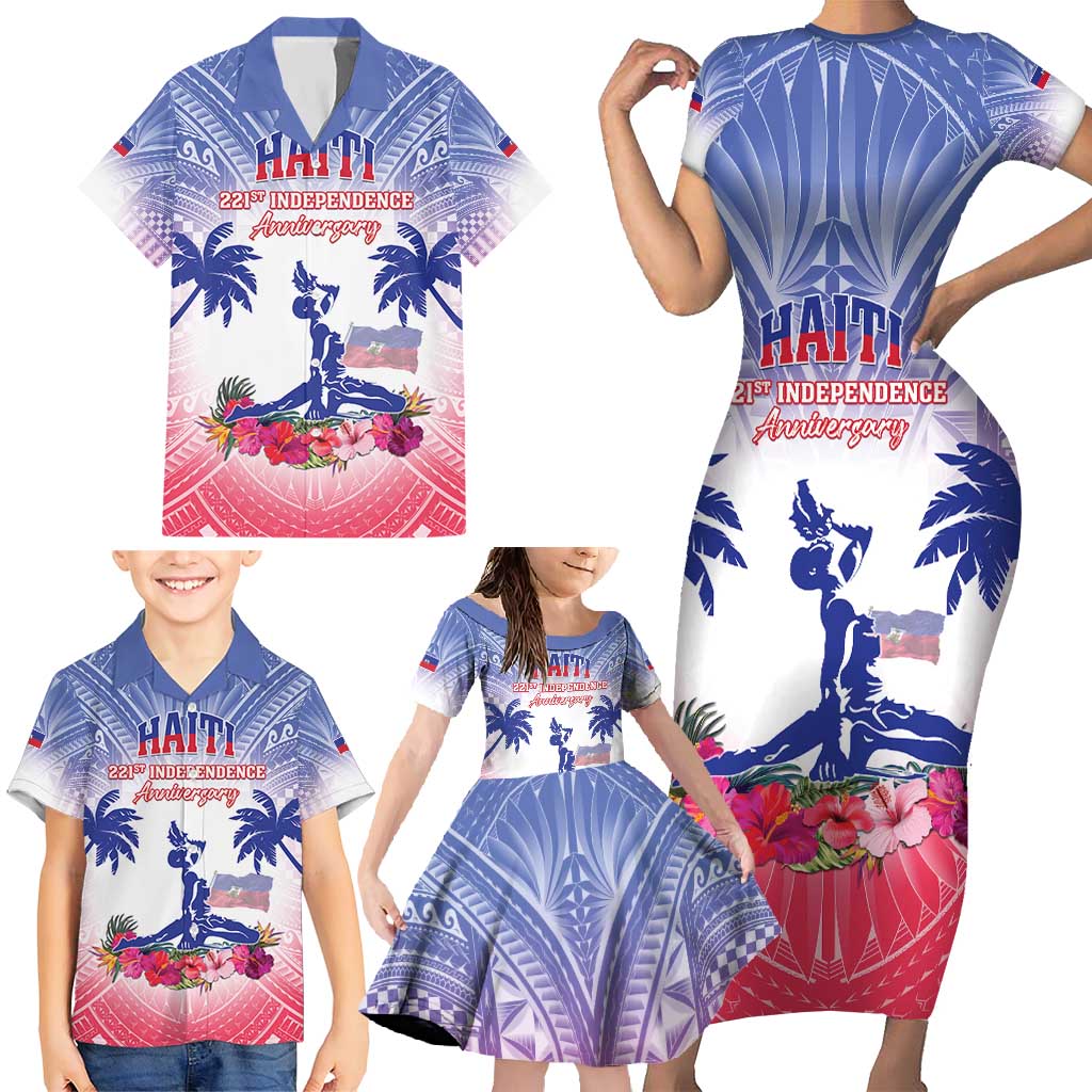 Personalised Haiti Independence Day Family Matching Short Sleeve Bodycon Dress and Hawaiian Shirt Neg Maron Polynesian Style LT05