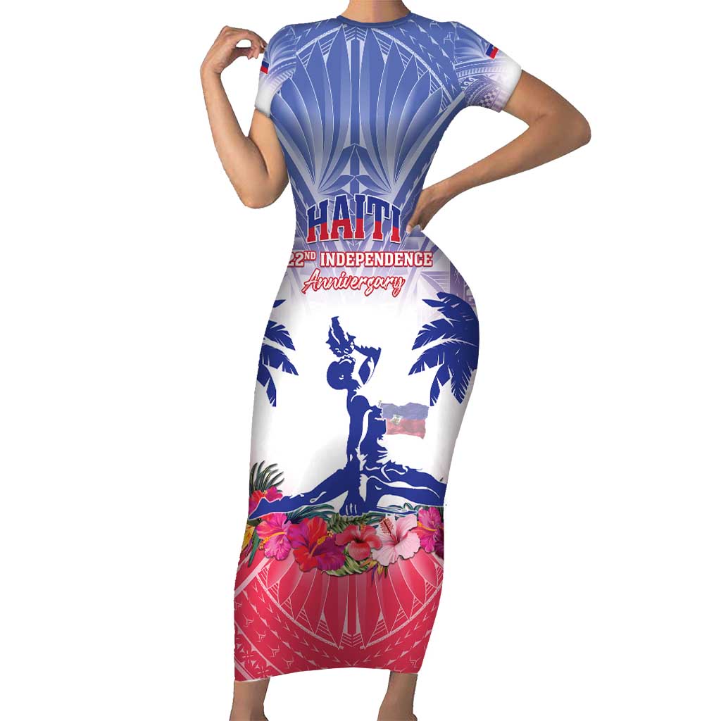 Personalised Haiti Independence Day Short Sleeve Bodycon Dress Neg Maron Polynesian Style LT05 Long Dress Blue - Polynesian Pride
