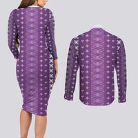 Purple Samoa Malu Tattoo Inspired Couples Matching Long Sleeve Bodycon Dress and Long Sleeve Button Shirt - Polynesian Pride