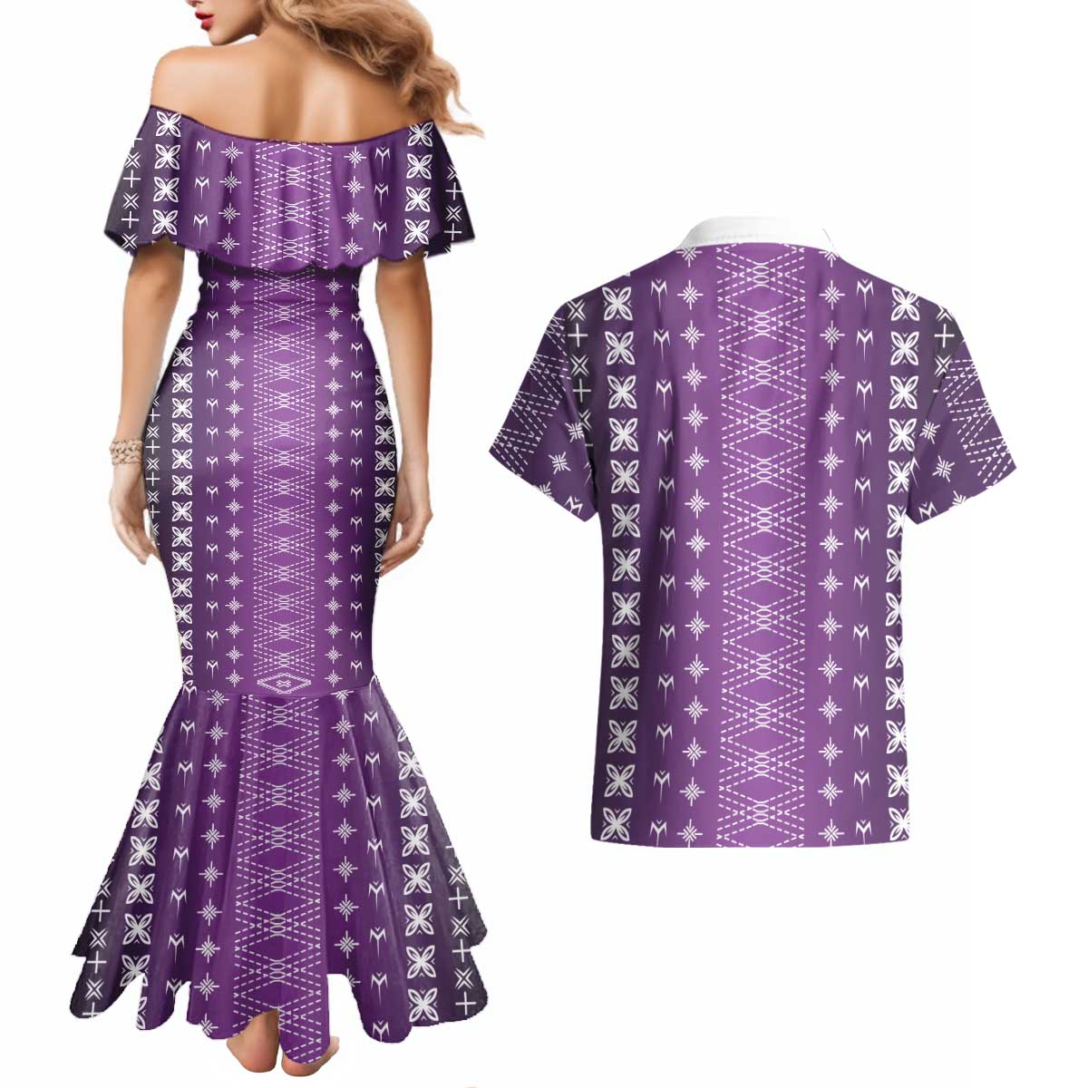 Purple Samoa Malu Tattoo Inspired Couples Matching Mermaid Dress and Hawaiian Shirt LT05 - Polynesian Pride