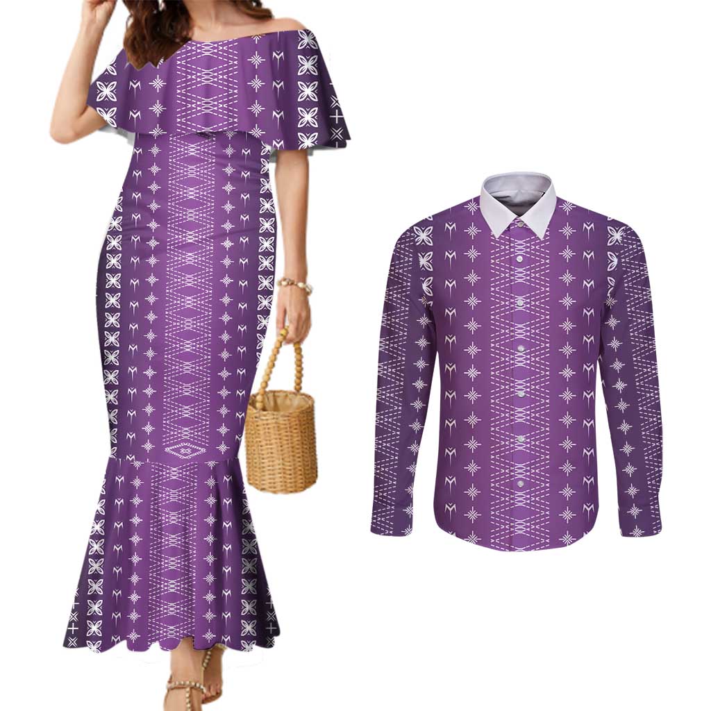 Purple Samoa Malu Tattoo Inspired Couples Matching Mermaid Dress and Long Sleeve Button Shirt - Polynesian Pride