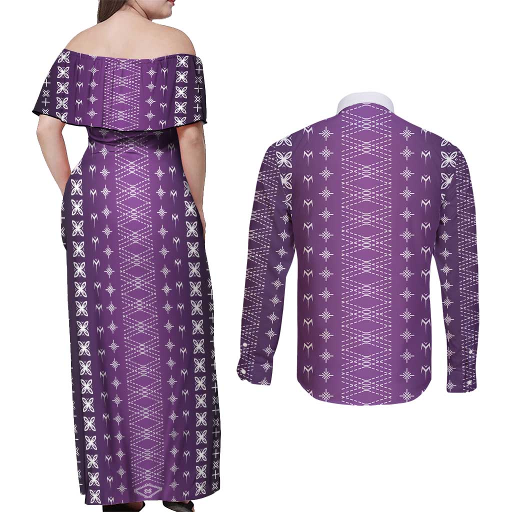 Purple Samoa Malu Tattoo Inspired Couples Matching Off Shoulder Maxi Dress and Long Sleeve Button Shirt - Polynesian Pride