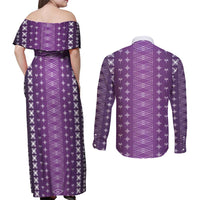 Purple Samoa Malu Tattoo Inspired Couples Matching Off Shoulder Maxi Dress and Long Sleeve Button Shirt - Polynesian Pride