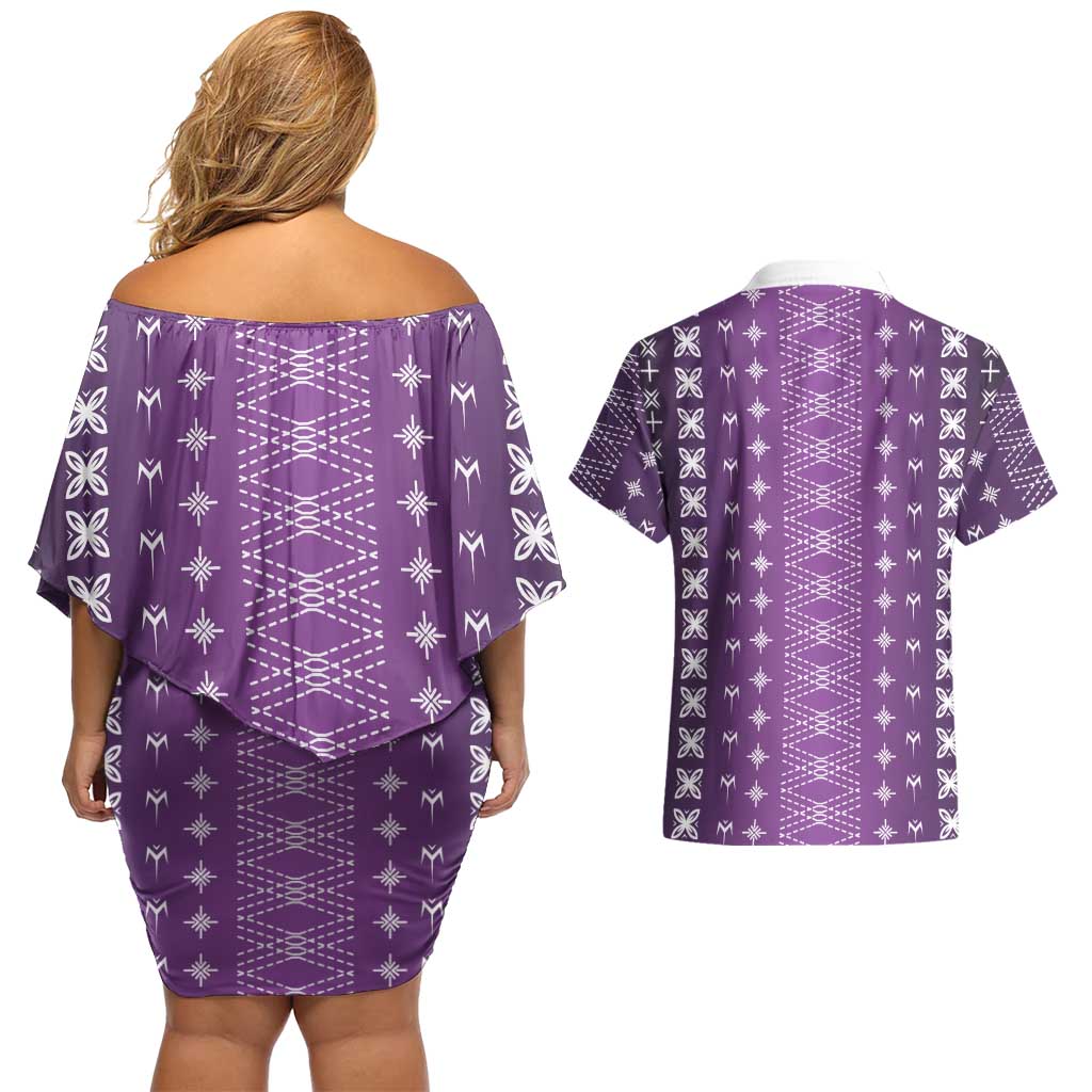 Purple Samoa Malu Tattoo Inspired Couples Matching Off Shoulder Short Dress and Hawaiian Shirt LT05 - Polynesian Pride