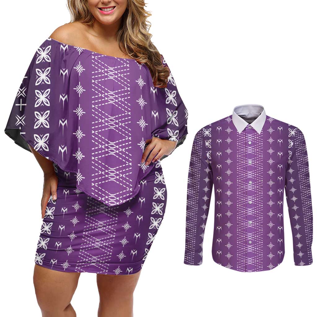 Purple Samoa Malu Tattoo Inspired Couples Matching Off Shoulder Short Dress and Long Sleeve Button Shirt - Polynesian Pride