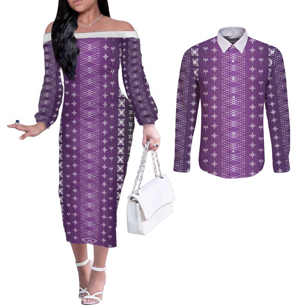 Purple Samoa Malu Tattoo Inspired Couples Matching Off The Shoulder Long Sleeve Dress and Long Sleeve Button Shirt - Polynesian Pride
