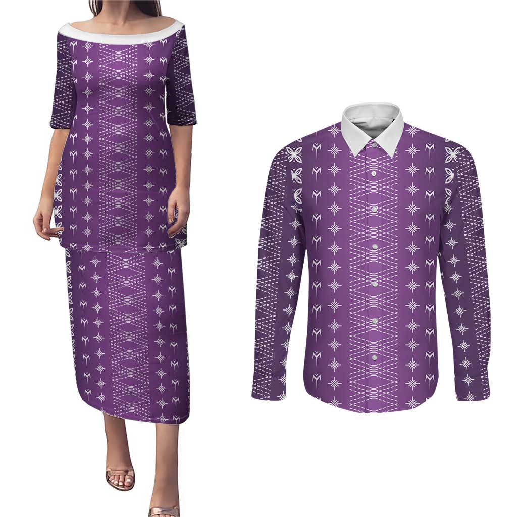 Purple Samoa Malu Tattoo Inspired Couples Matching Puletasi and Long Sleeve Button Shirt - Polynesian Pride