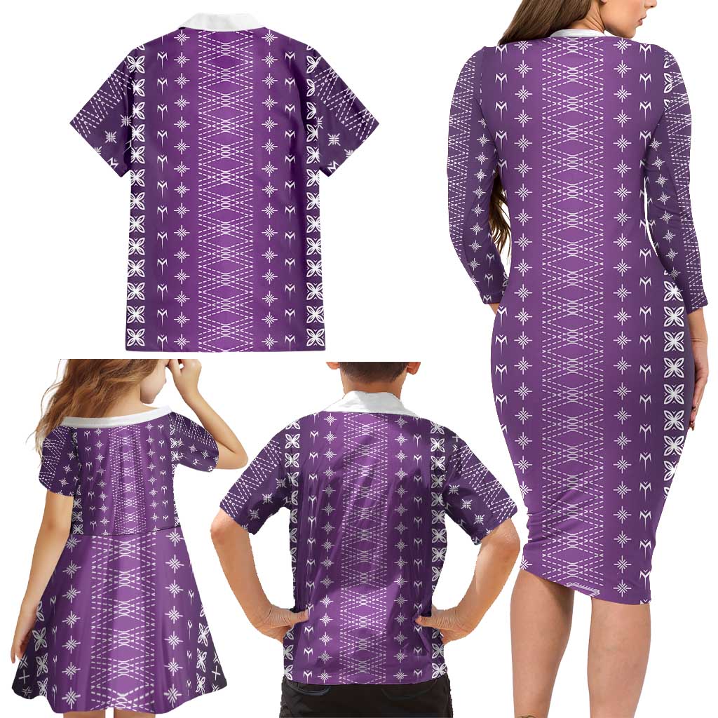 Purple Samoa Malu Tattoo Inspired Family Matching Long Sleeve Bodycon Dress and Hawaiian Shirt LT05 - Polynesian Pride