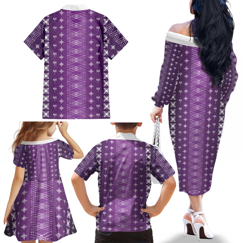 Purple Samoa Malu Tattoo Inspired Family Matching Off The Shoulder Long Sleeve Dress and Hawaiian Shirt - Polynesian Pride
